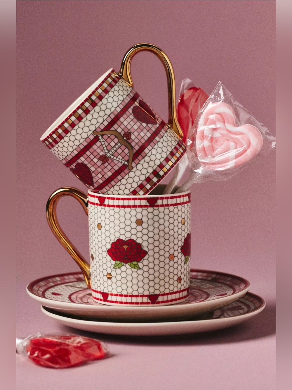 NEW Anthropologie Bistro Tile Stoneware 24k Gold Accent Espresso Cup & Sauce